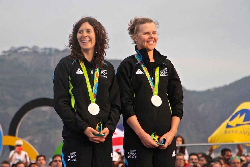 Jo Aleh and Polly Powrie after being presented with their Silver Medals Womens 470 class - 2016 Olympic Regatta © Richard Gladwell www.photosport.co.nz